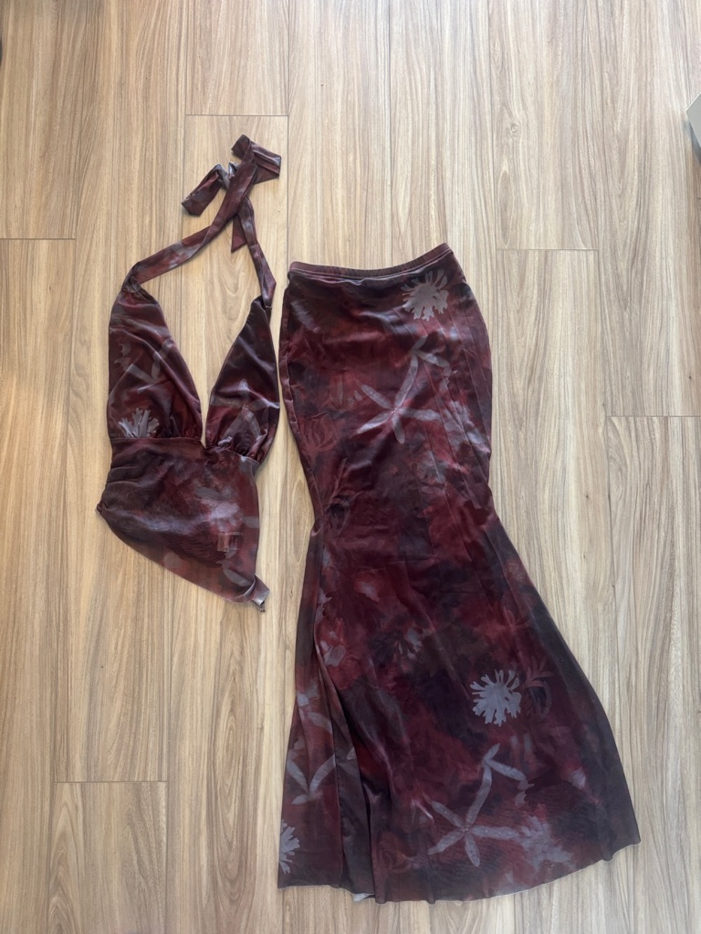 Two-Piece Burgundy Floral Halter Top and Skirt Set